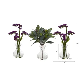 10” Baby Breath and Olive Arrangement in Vase (Set of 3)