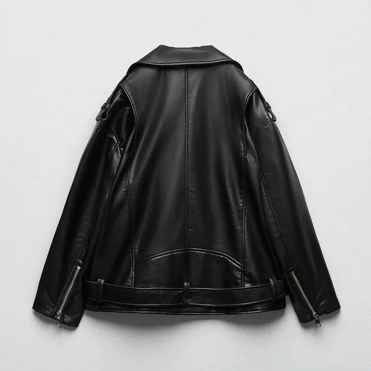 Ailegogo Women Loose Motorcycle Biker Black Faux Leather Jacket