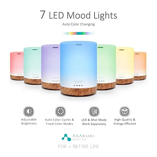 ASAKUKI 300ML Essential Oil Diffuser, Quiet 5-in-1 Premium Humidifier, Natural Home Fragrance Aroma Diffuser with 7 LED Color Changing Light and Auto-Off Safety Switch-Light Brown