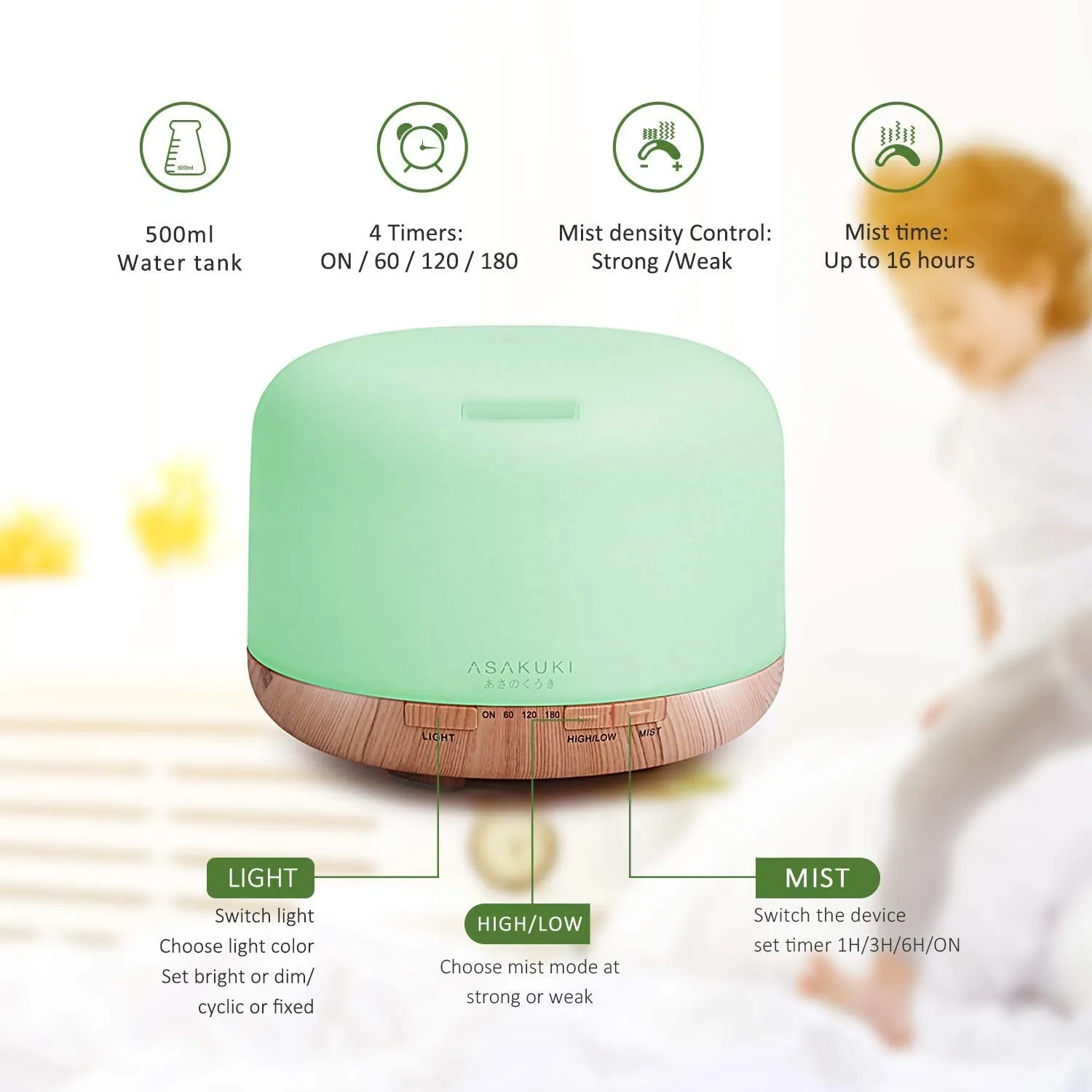 ASAKUKI Essential Oil Diffuser 500ML Aromatherapy Humidifier with 7-Color Light, Small Home Diffuser and Perfect for Relaxation