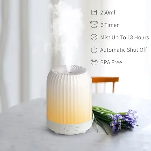 BDXXJ Essential Oil Diffuser for Bedroom, Quiet Humidifiers for Home, Ultrasonic 250ML Small Aromatherapy Diffuser, 7 LED Color Safety Auto-Off Timer, for Large Baby Bedroom, Hotel, Plant, White