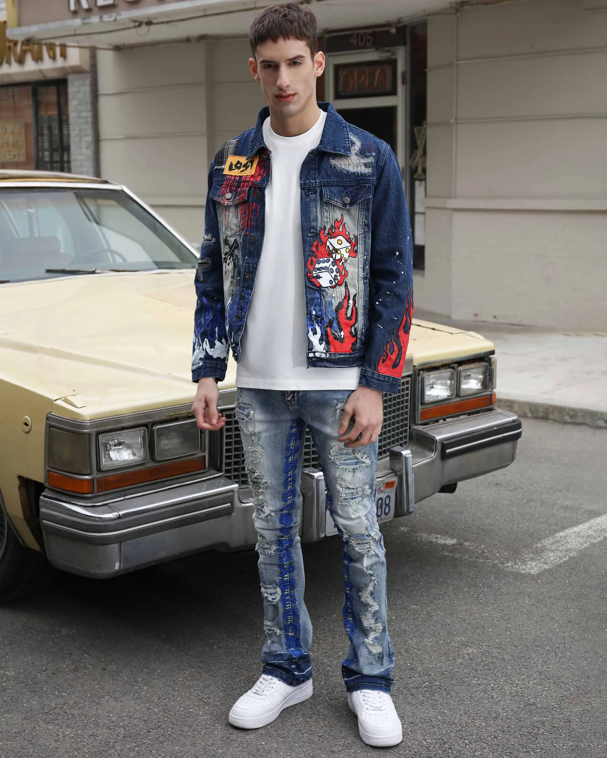 Blue Denim Jacket with Street Graffiti and Ripped