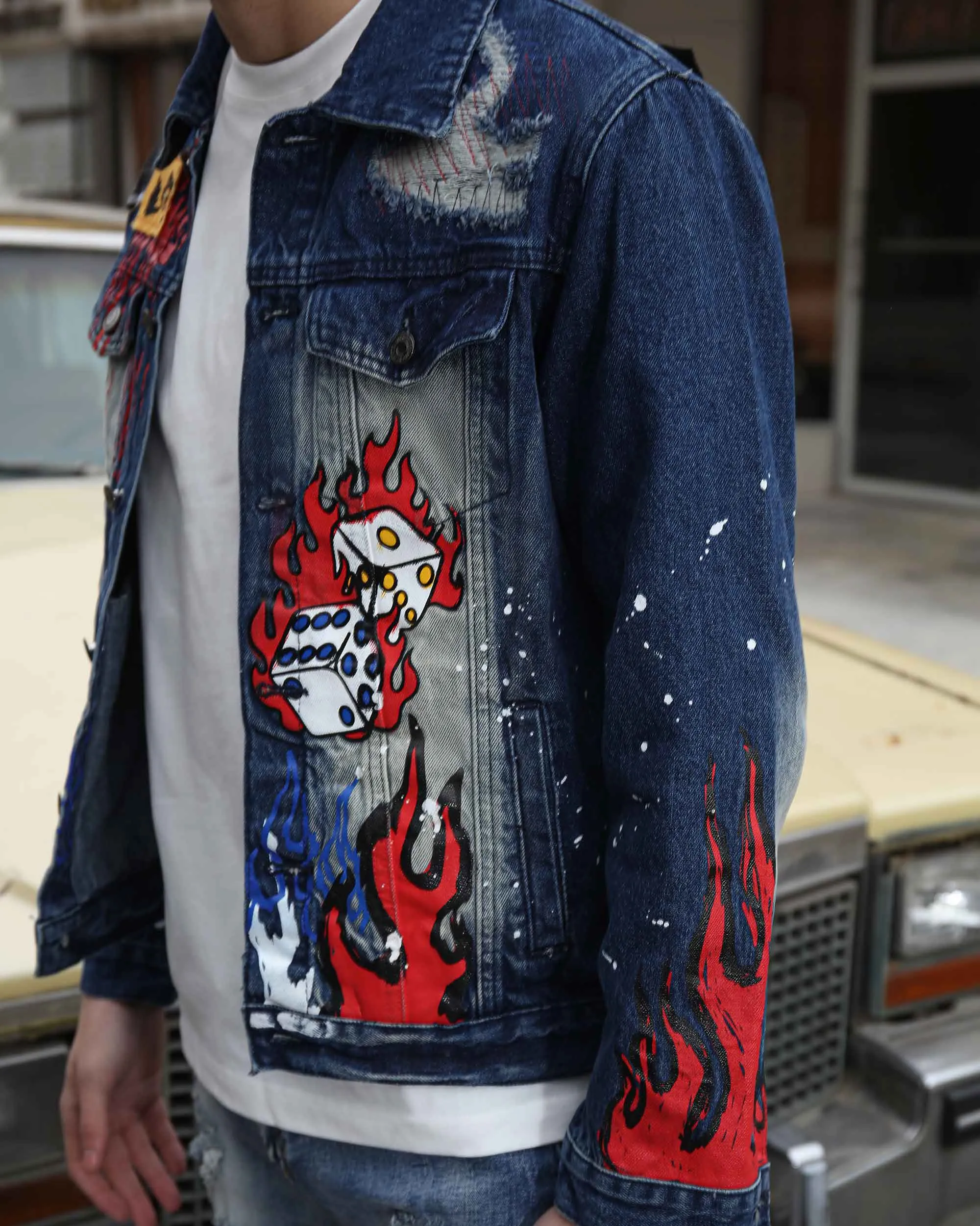 Blue Denim Jacket with Street Graffiti and Ripped