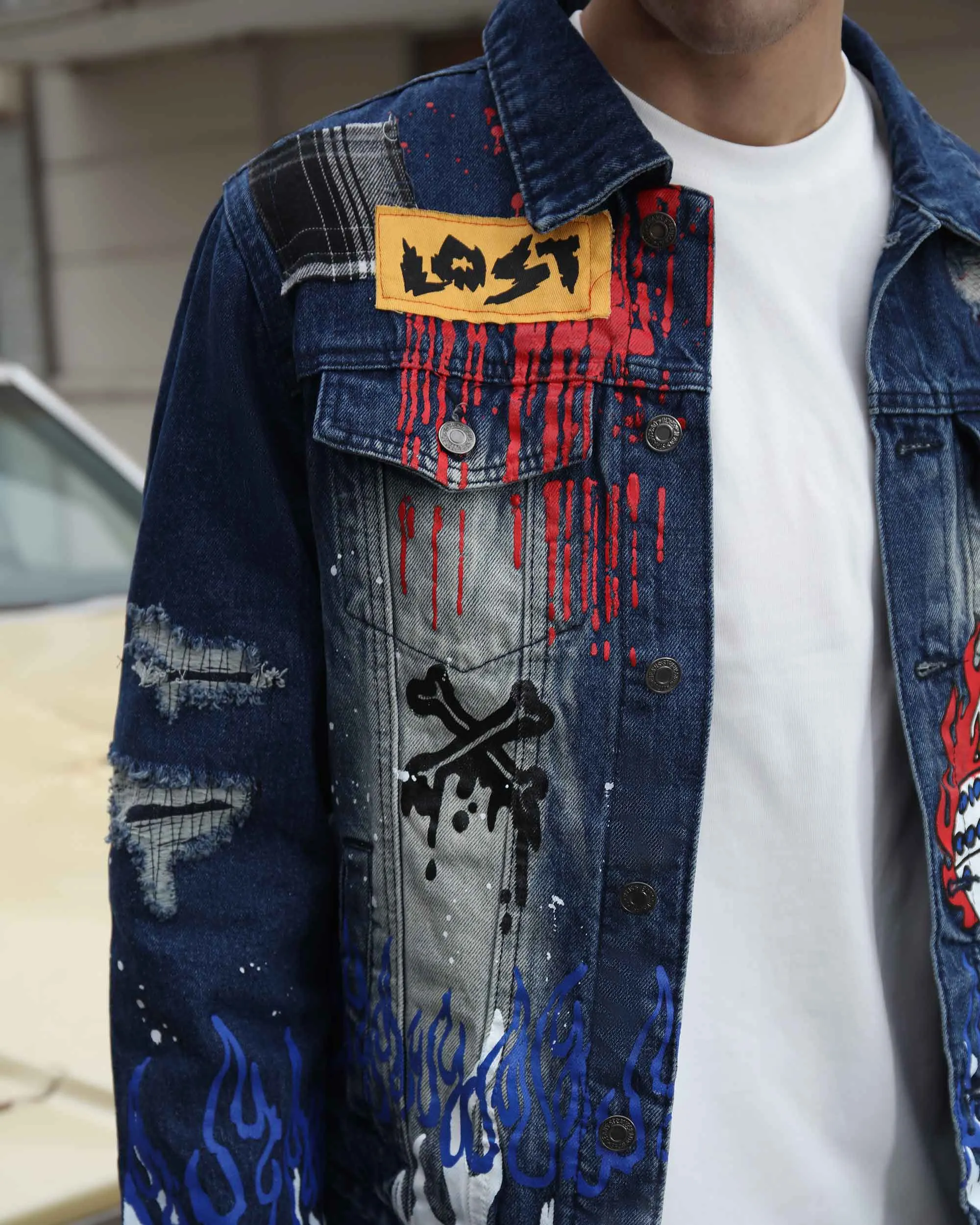 Blue Denim Jacket with Street Graffiti and Ripped