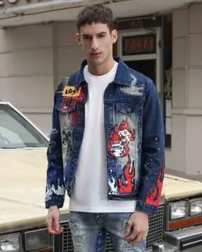 Blue Denim Jacket with Street Graffiti and Ripped