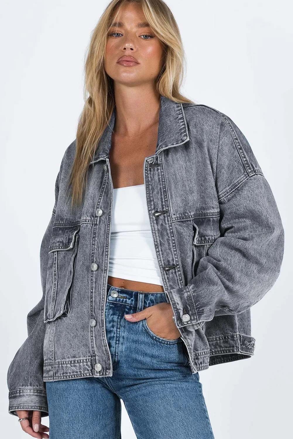 Casual Gray Denim Jacket with Drop Shoulder and Chest Pockets