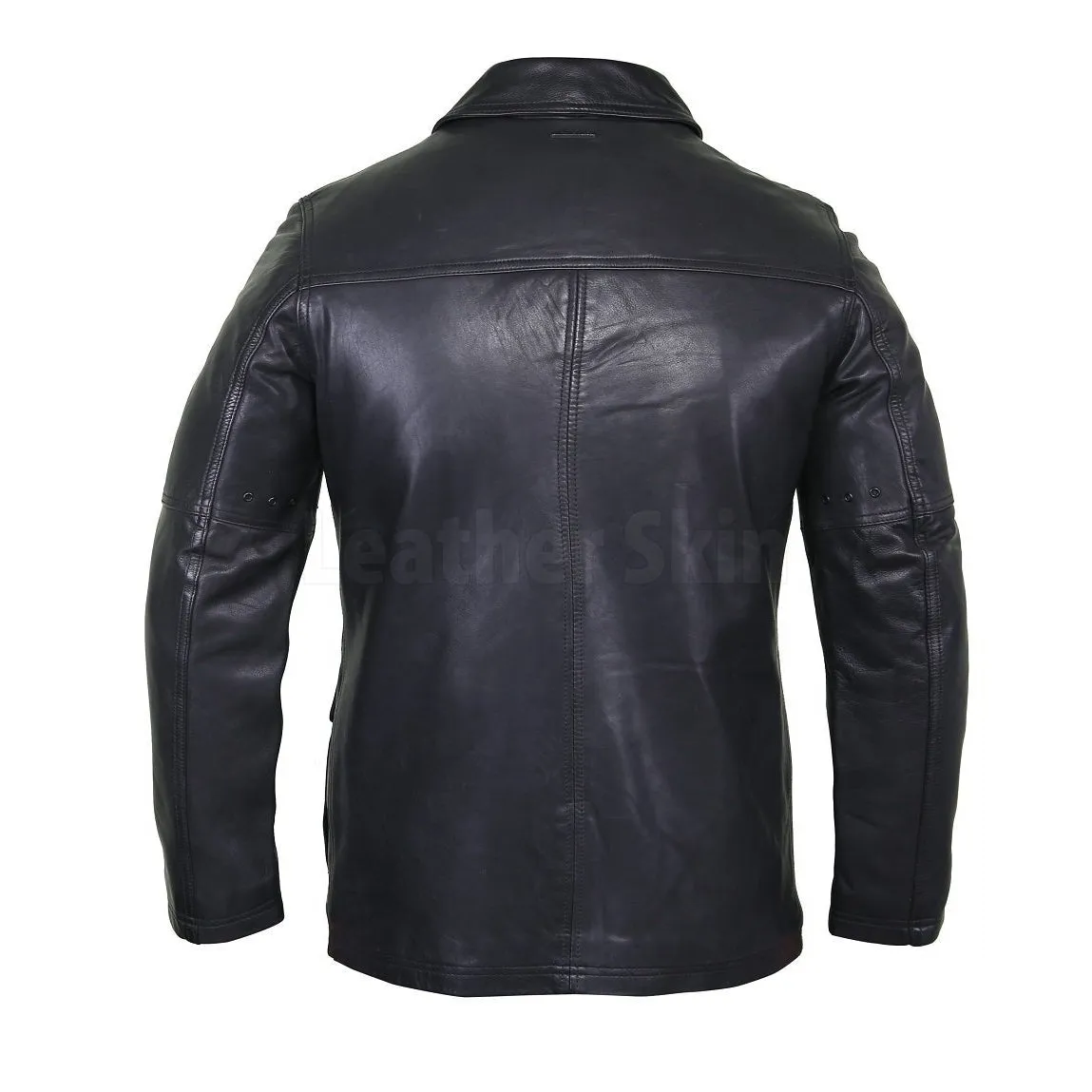 Collared Black Men’s Leather Bomber Jacket with Flap Pockets