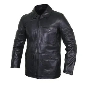 Collared Black Men’s Leather Bomber Jacket with Flap Pockets