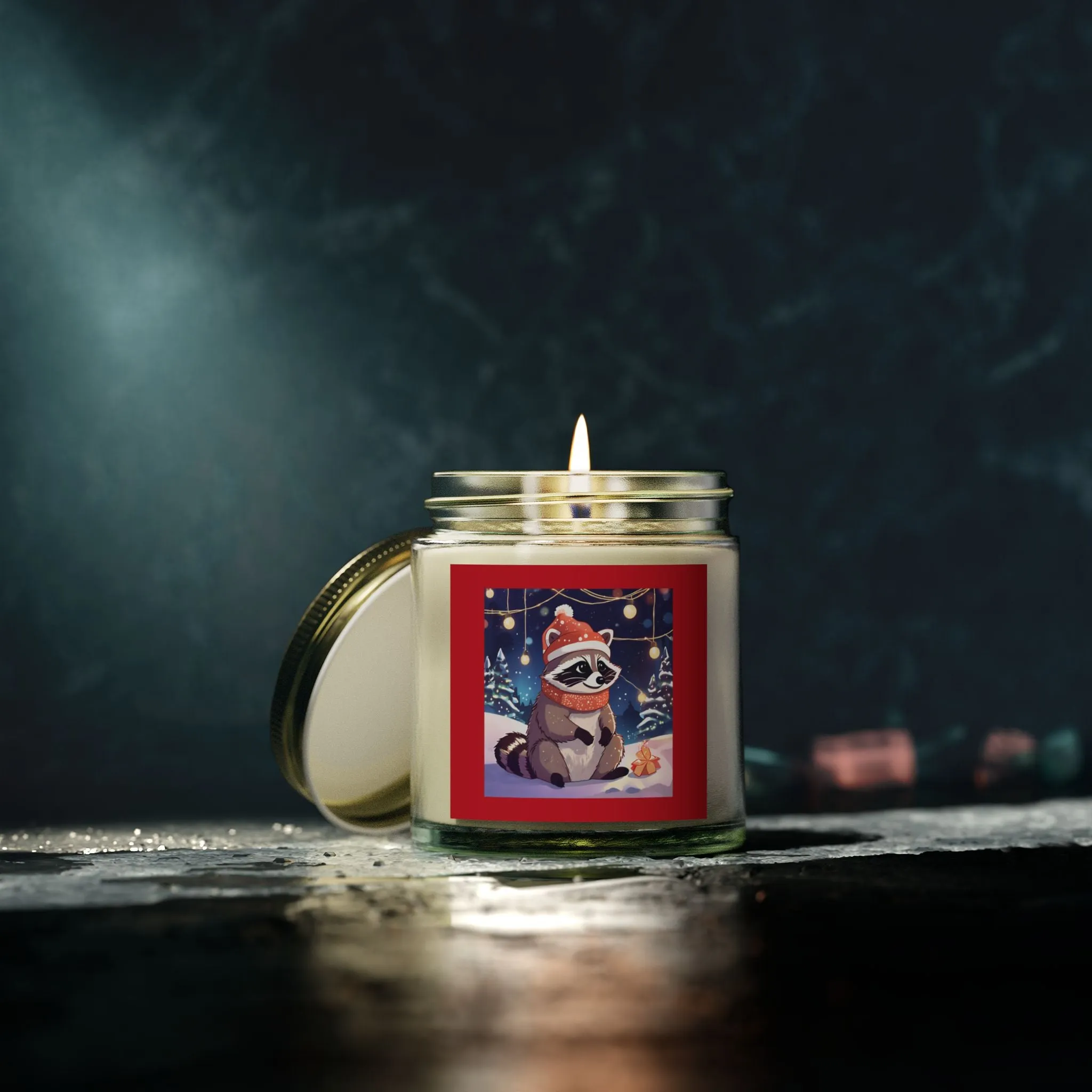 Cozy Holiday Scented Candles - Coconut Apricot Wax (4oz & 9oz) with Raccoon Design