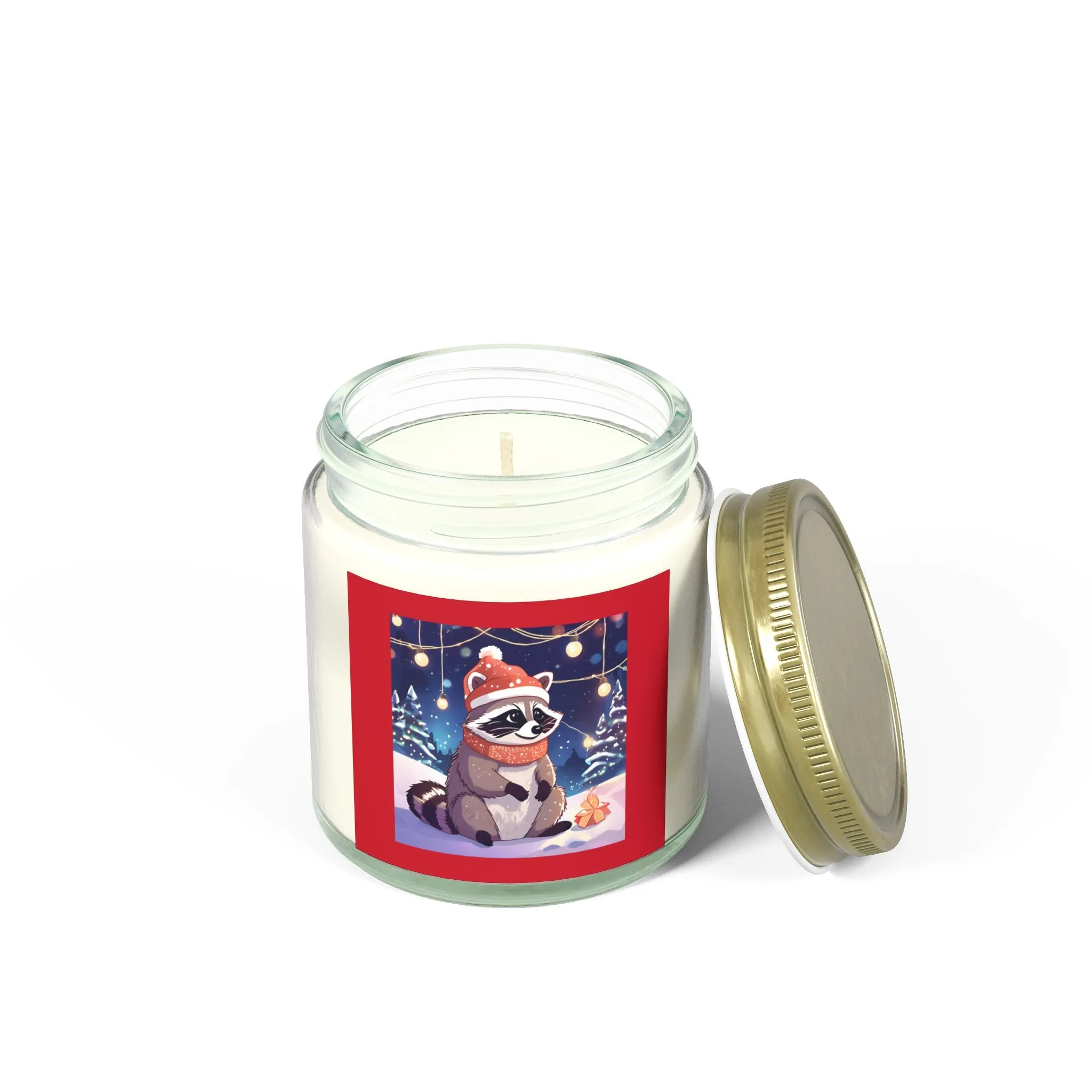 Cozy Holiday Scented Candles - Coconut Apricot Wax (4oz & 9oz) with Raccoon Design