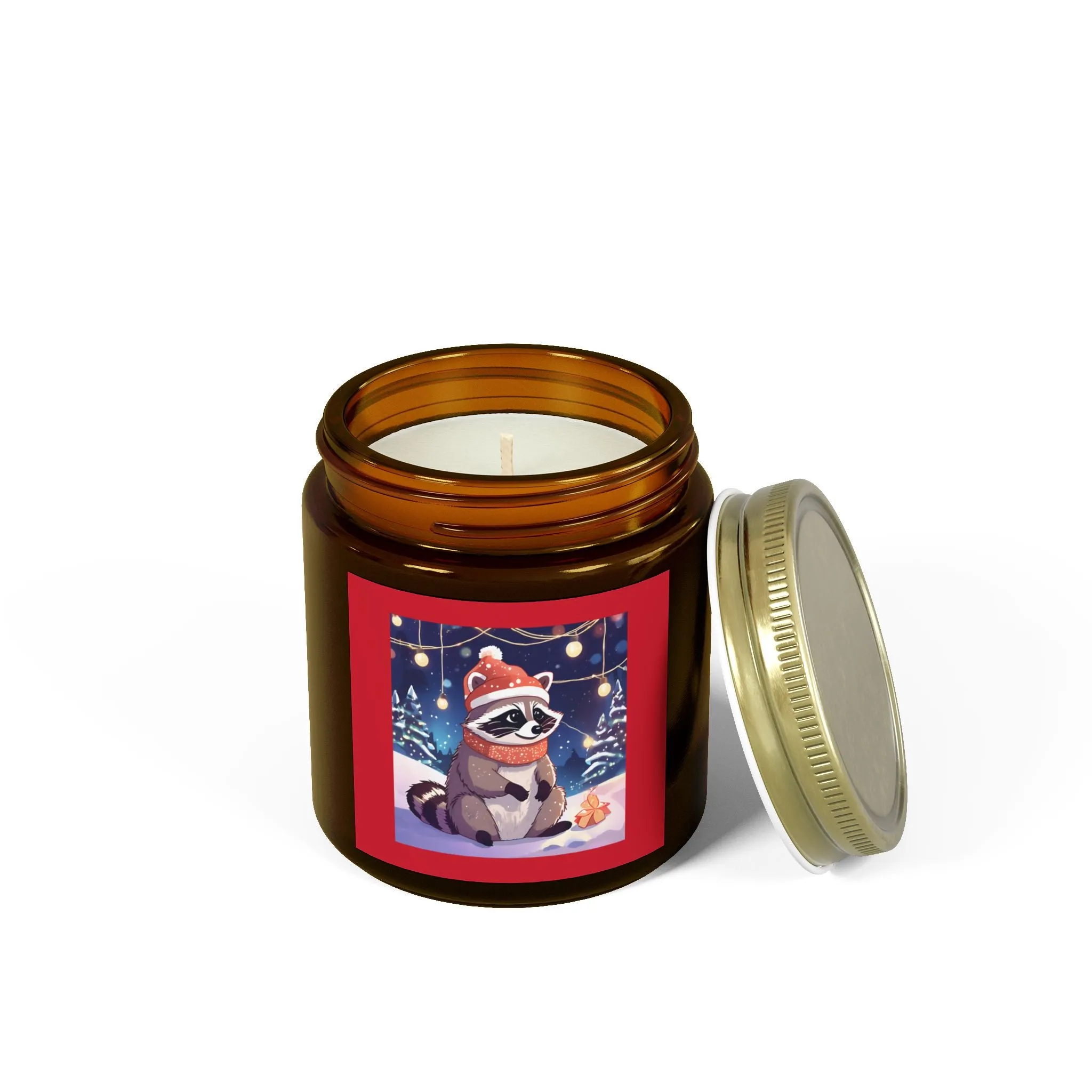 Cozy Holiday Scented Candles - Coconut Apricot Wax (4oz & 9oz) with Raccoon Design