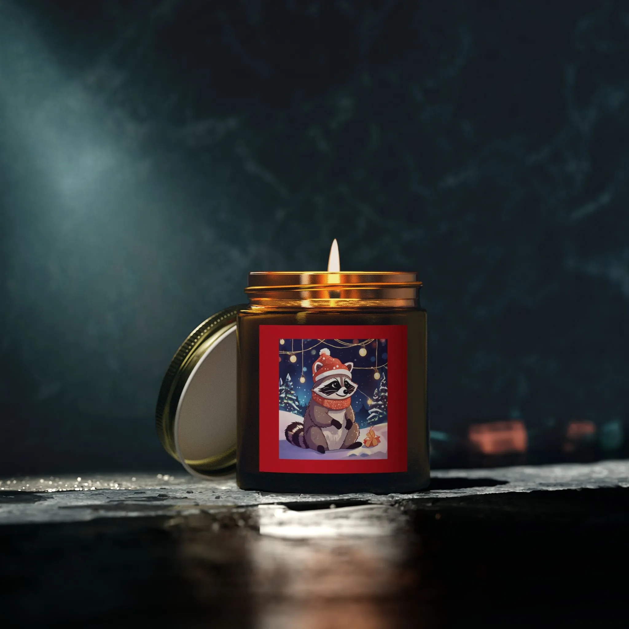 Cozy Holiday Scented Candles - Coconut Apricot Wax (4oz & 9oz) with Raccoon Design