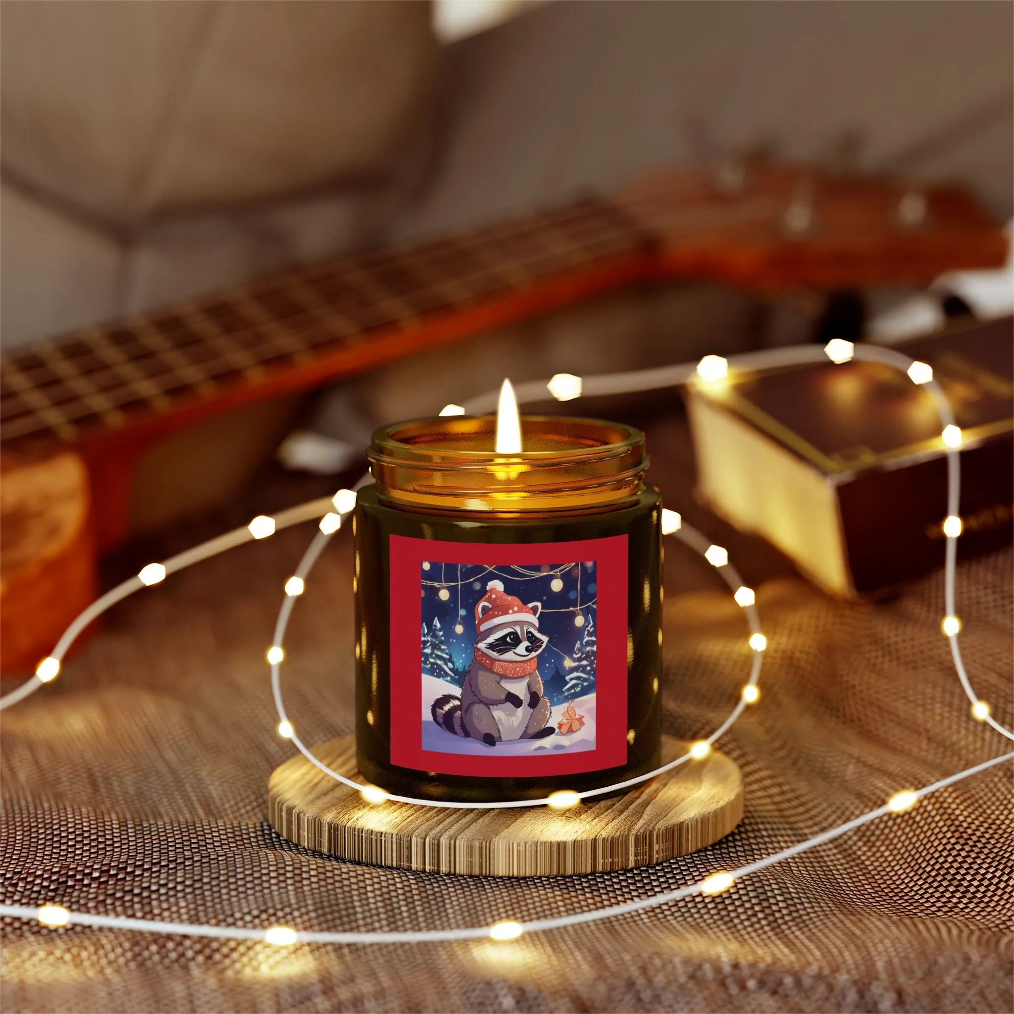 Cozy Holiday Scented Candles - Coconut Apricot Wax (4oz & 9oz) with Raccoon Design