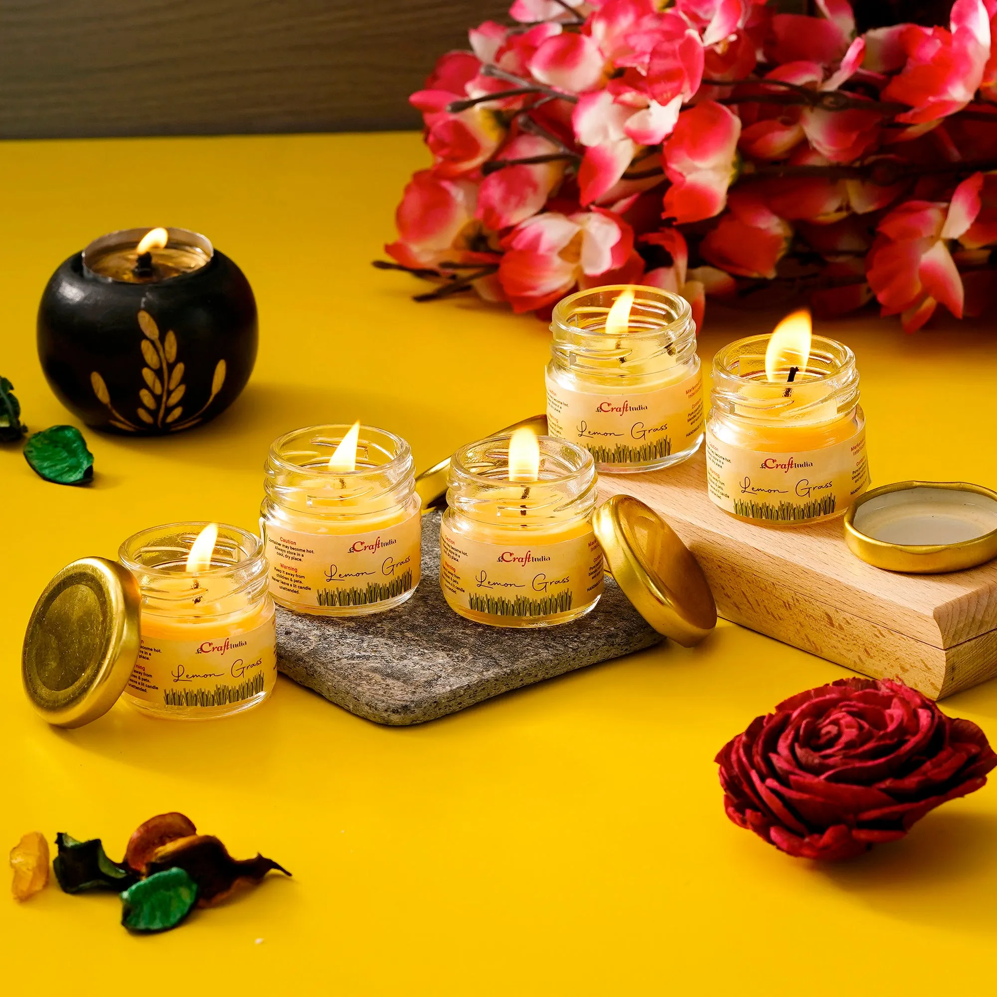 Decorative Lemon Grass Scented Mini- jar Candle (Set of 5)