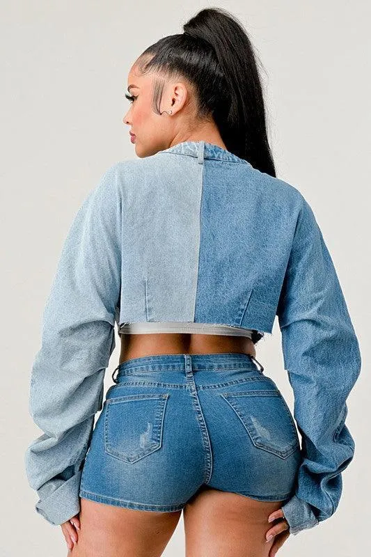 Denim Patched X-Contrast Top