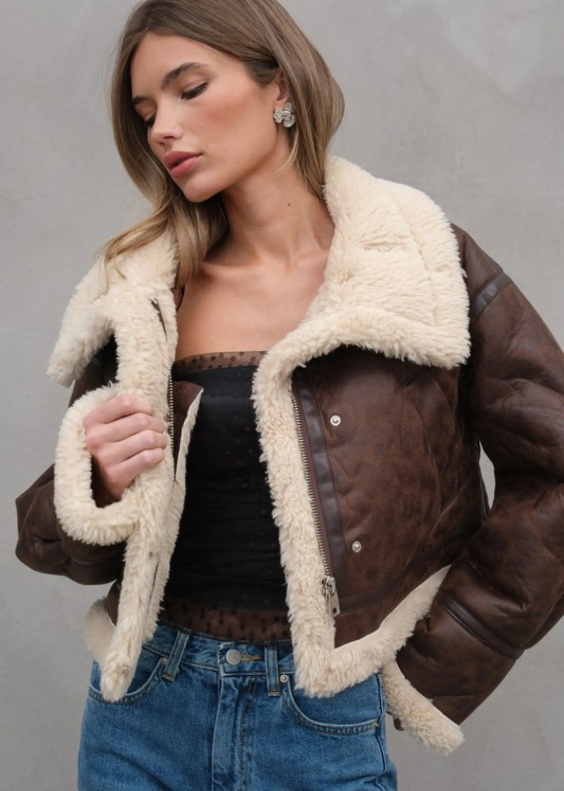 Faux Leather Jacket With Sherpa Detail ★ Brown