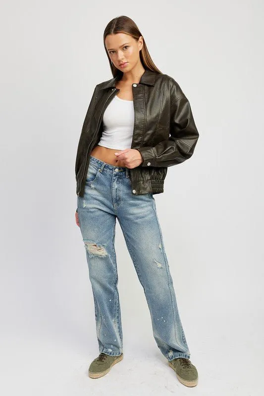 Faux Leather Oversized Bomber Jacket