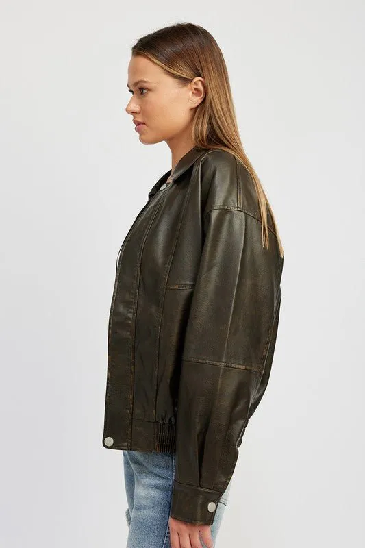 Faux Leather Oversized Bomber Jacket