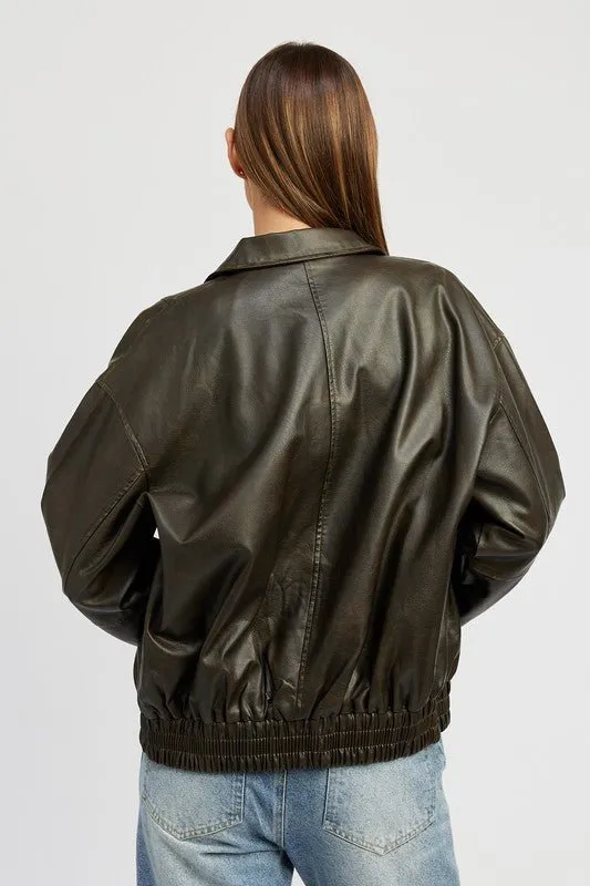 Faux Leather Oversized Bomber Jacket