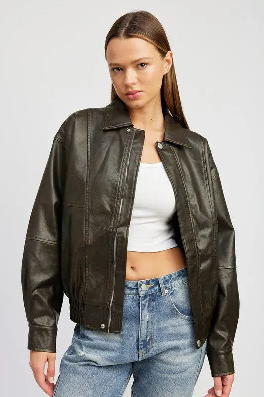 Faux Leather Oversized Bomber Jacket