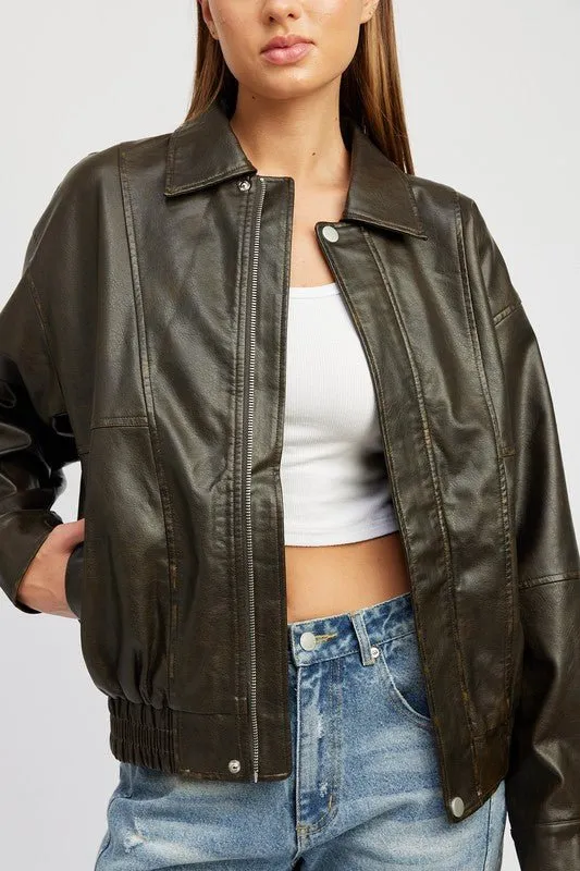 Faux Leather Oversized Bomber Jacket