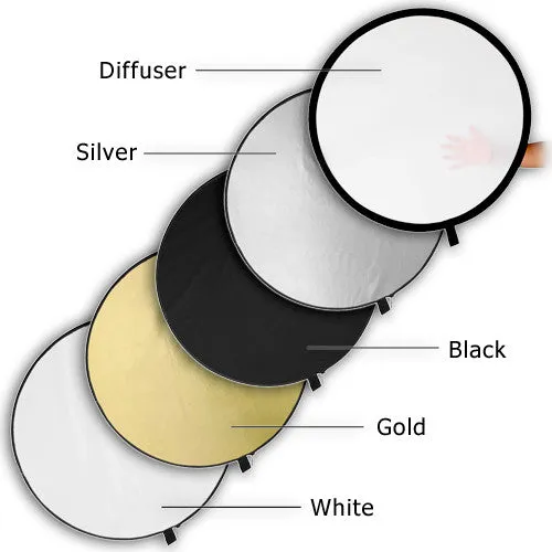 Fotodiox 5-in-1 Reflector Pro, Premium Grade Collapsible Disc, Soft Silver / Gold / Black / White / Diffuser