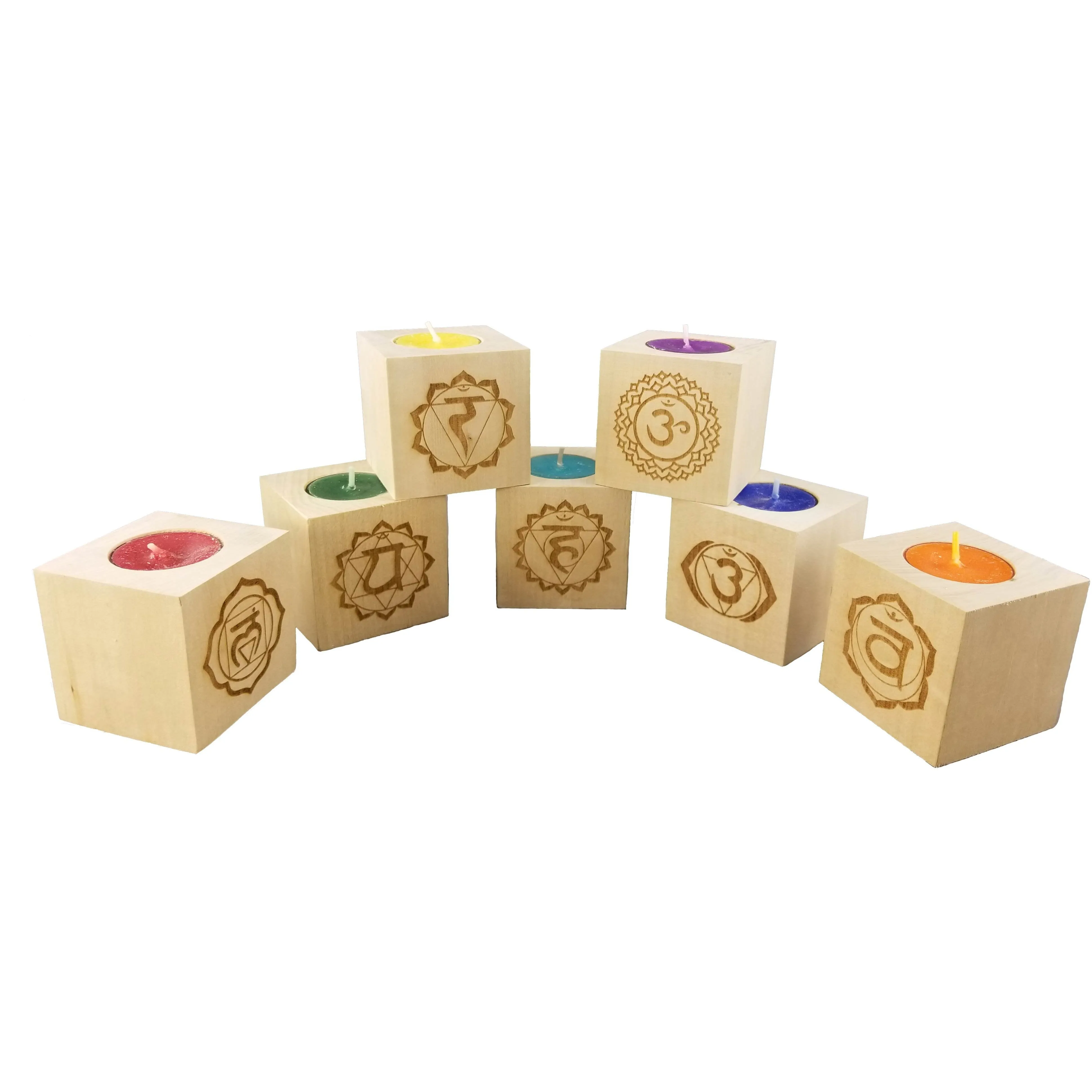 Gift Set of 7 Chakra Candles - Engraved Wood Tea Light (2.5”) - Yoga Meditation Candle - Yoga Candle - Meditation Candle