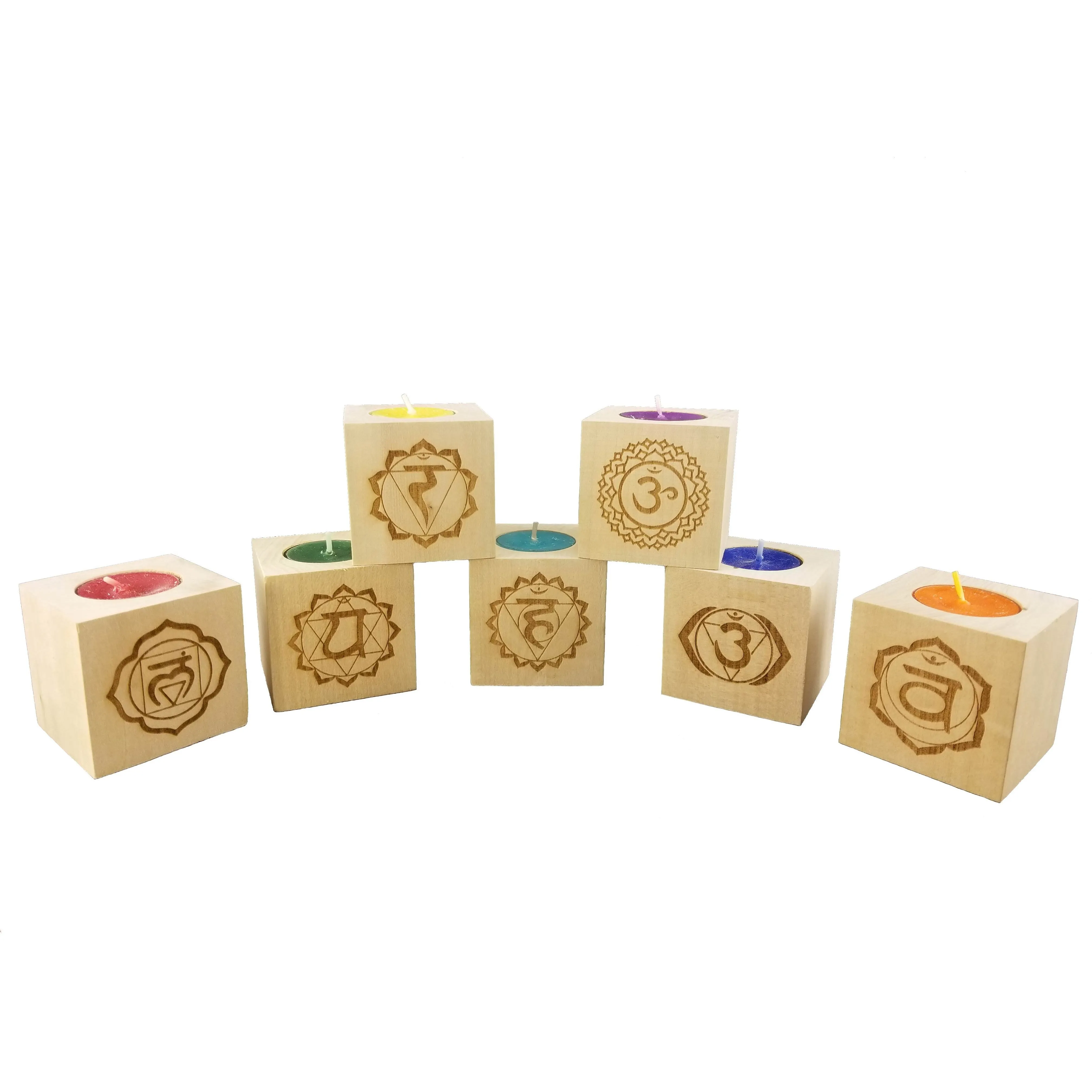 Gift Set of 7 Chakra Candles - Engraved Wood Tea Light (2.5”) - Yoga Meditation Candle - Yoga Candle - Meditation Candle