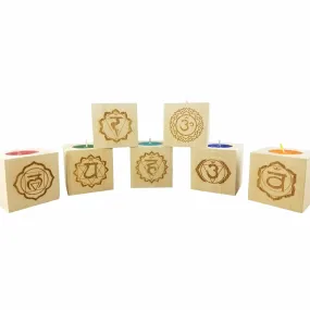 Gift Set of 7 Chakra Candles - Engraved Wood Tea Light (2.5”) - Yoga Meditation Candle - Yoga Candle - Meditation Candle