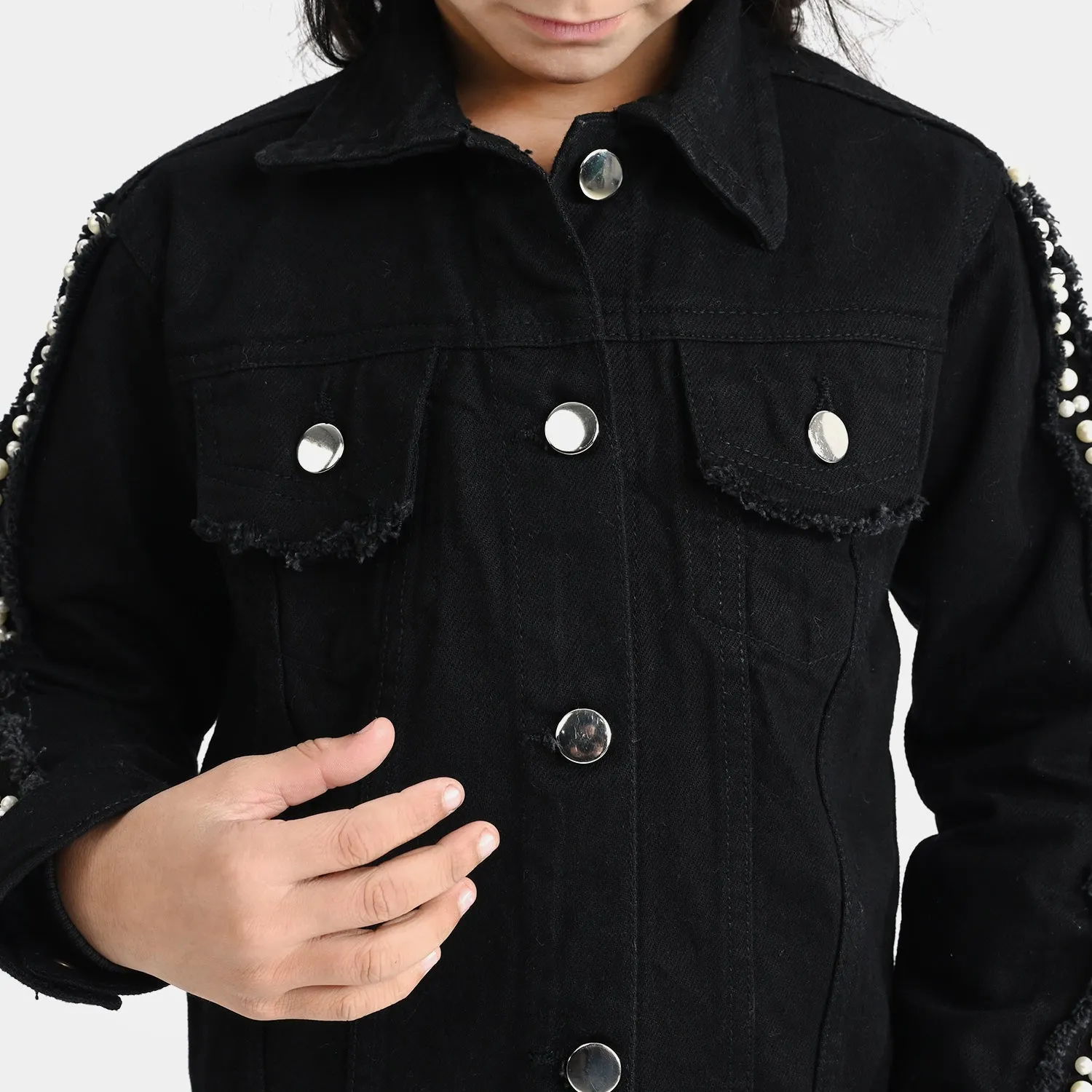 Girls Denim rigid Woven Jacket Pearl Tape-BLACK