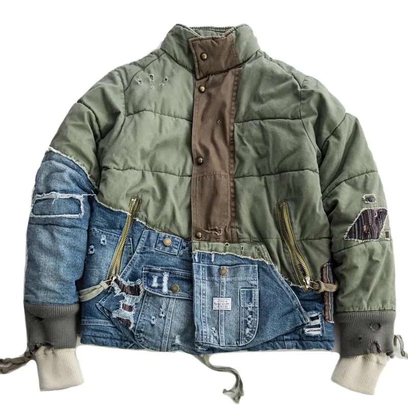 Hi Street Hole Patchwork Denim Jacket x Streetwear Thick Down Cotton Jean Coat