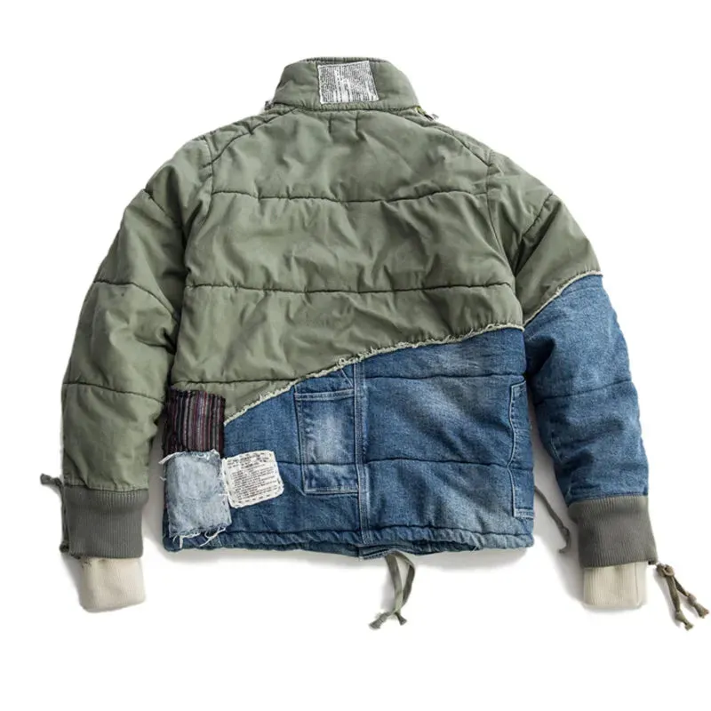 Hi Street Hole Patchwork Denim Jacket x Streetwear Thick Down Cotton Jean Coat