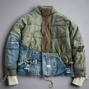 Hi Street Hole Patchwork Denim Jacket x Streetwear Thick Down Cotton Jean Coat