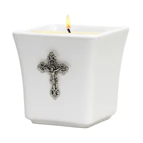 MONDIAL CANDLES: BIANCA Collection - Ceramic Square Container Candle with Antique Silver Crucifix