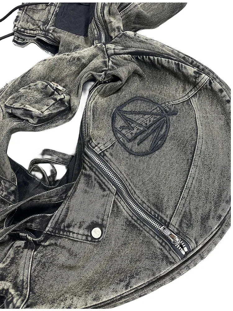 Multi Zipper Cargo Denim Backpack Vest w/ Hood