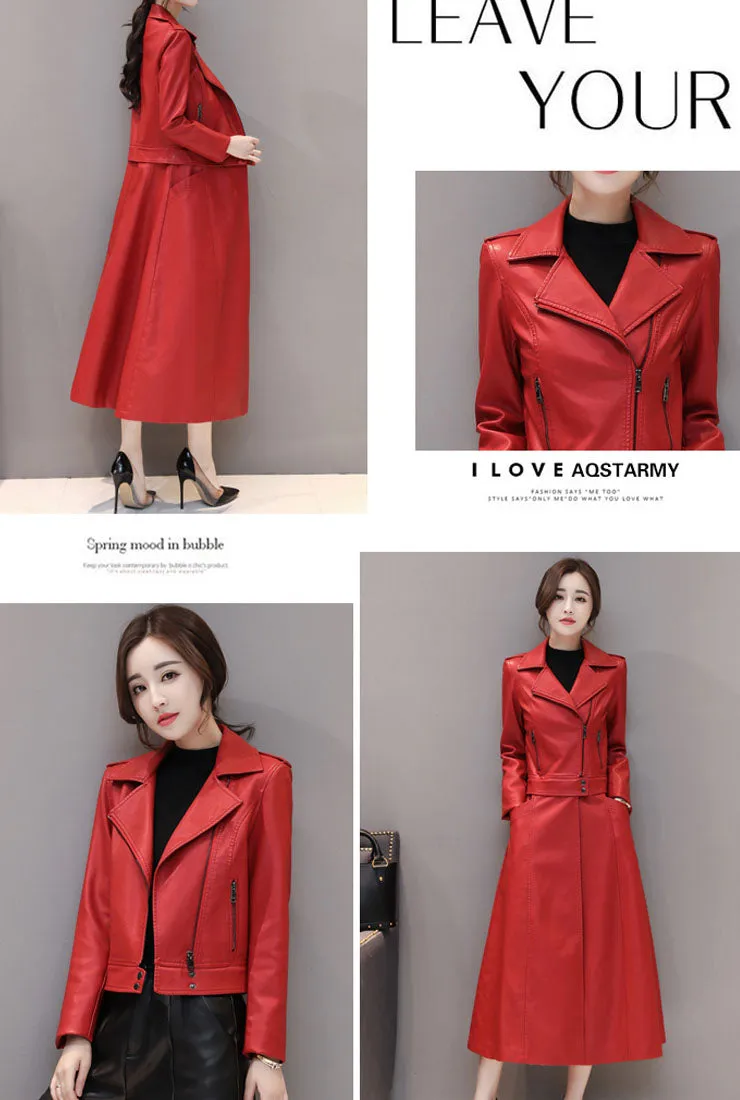 Removable Ankle-length Leather Trench Coat