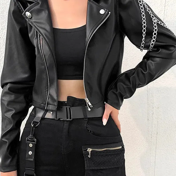 Vangull Faux Leather Cropped Jacket Women Punk Harajuku Coat