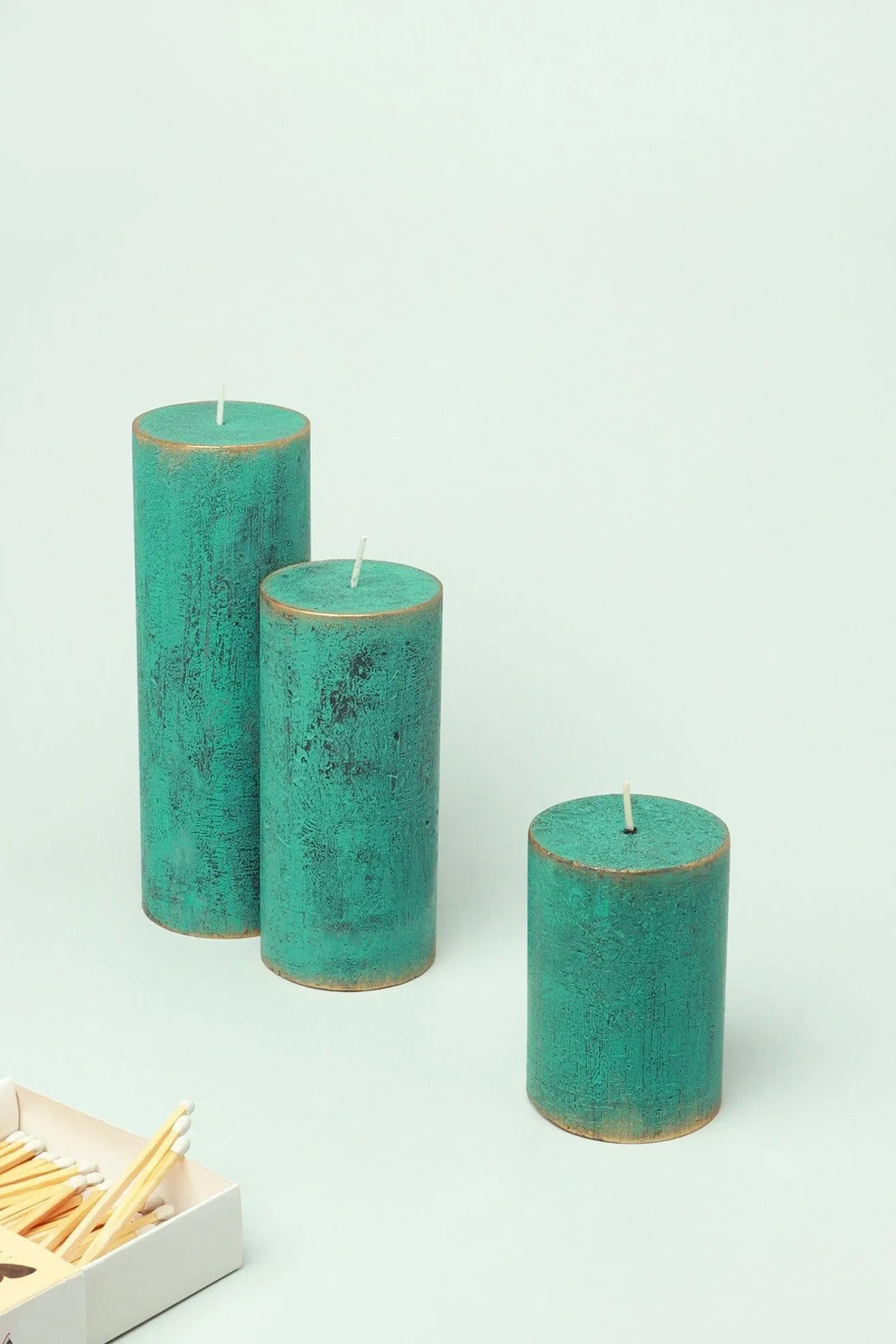 Vivian Antique Marble Teal Light Gold Brass Pillar Candle