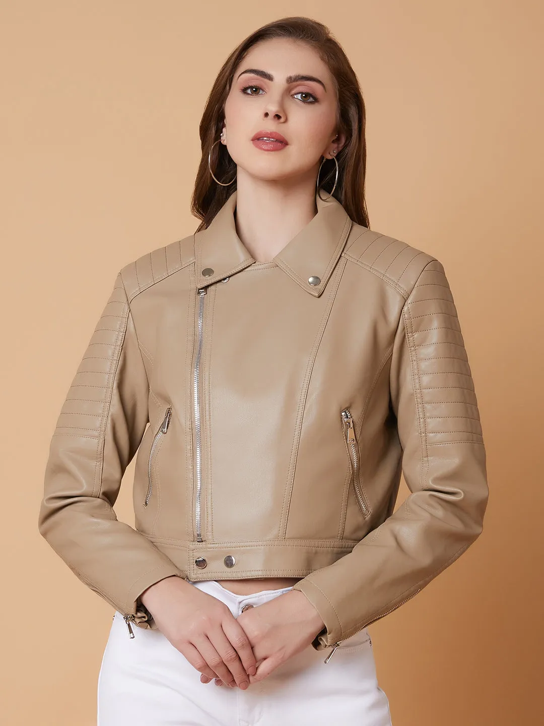 Women Beige Crop Biker Jacket