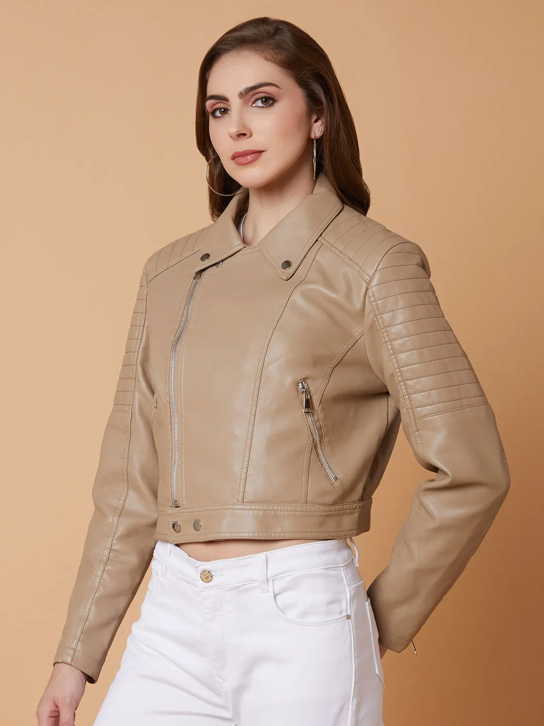 Women Beige Crop Biker Jacket