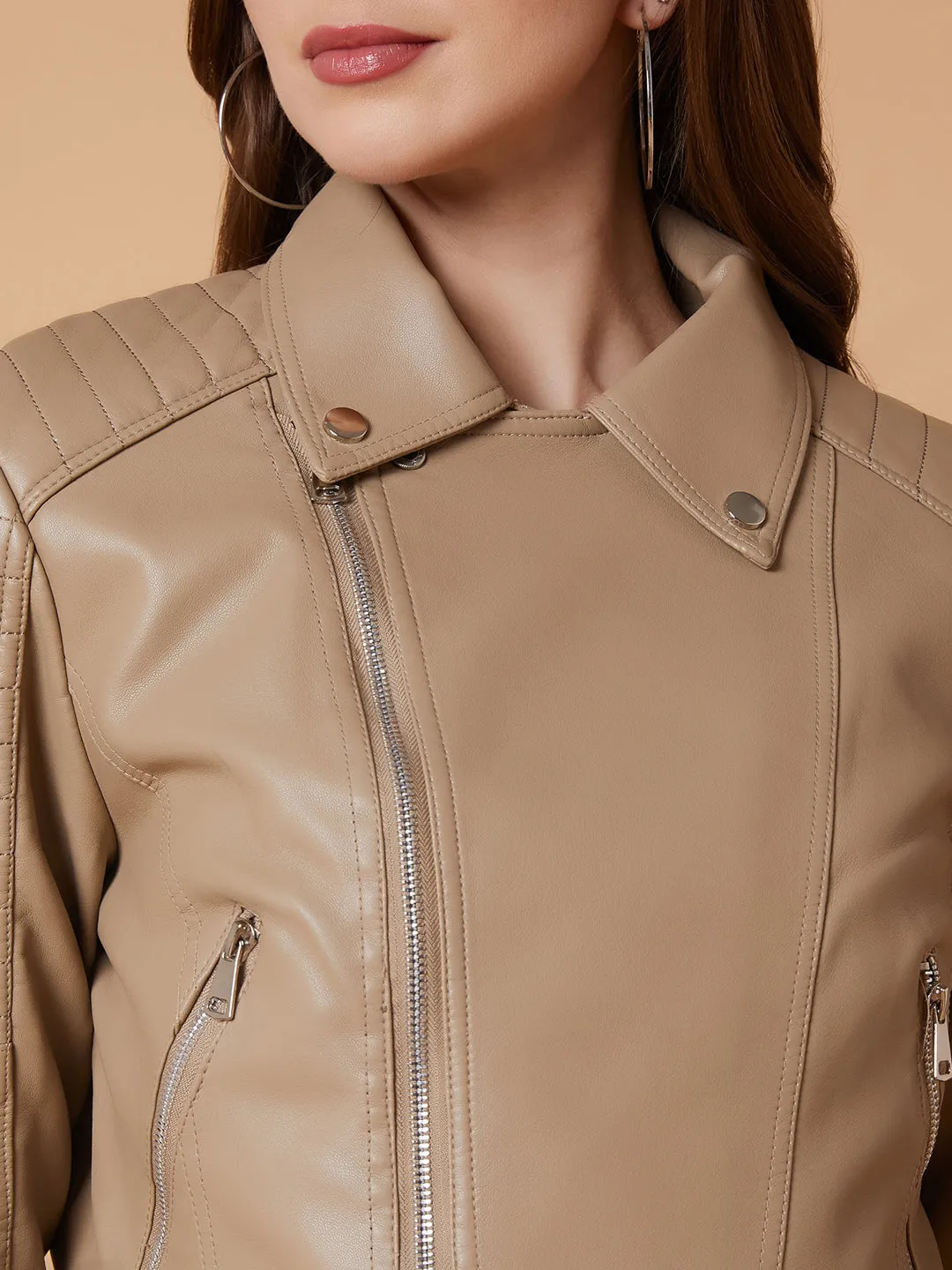 Women Beige Crop Biker Jacket