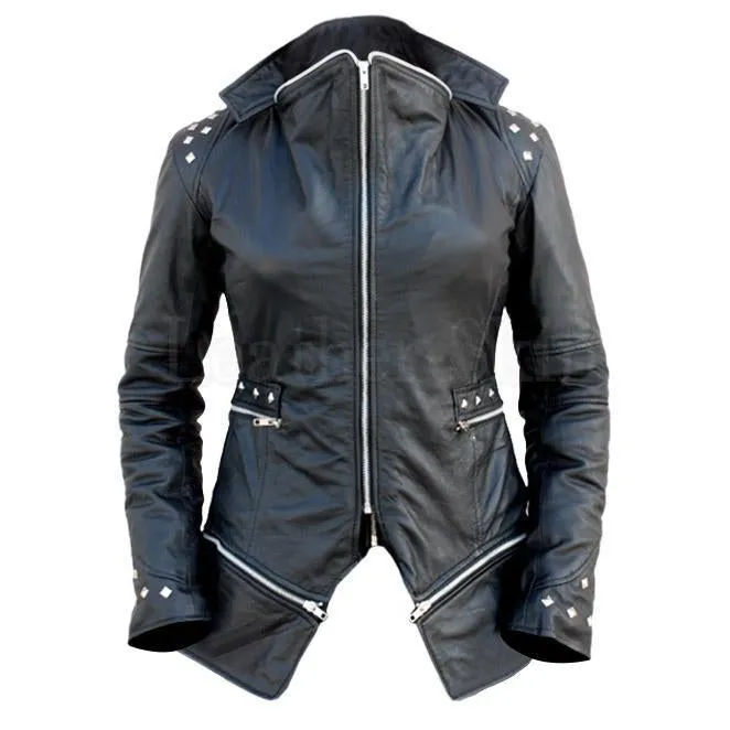 Women Black Leather Jacket with Spiked on Shoulder