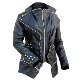 Women Black Leather Jacket with Spiked on Shoulder