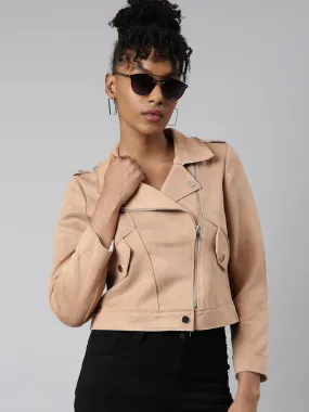 Women Solid Beige Biker Jacket