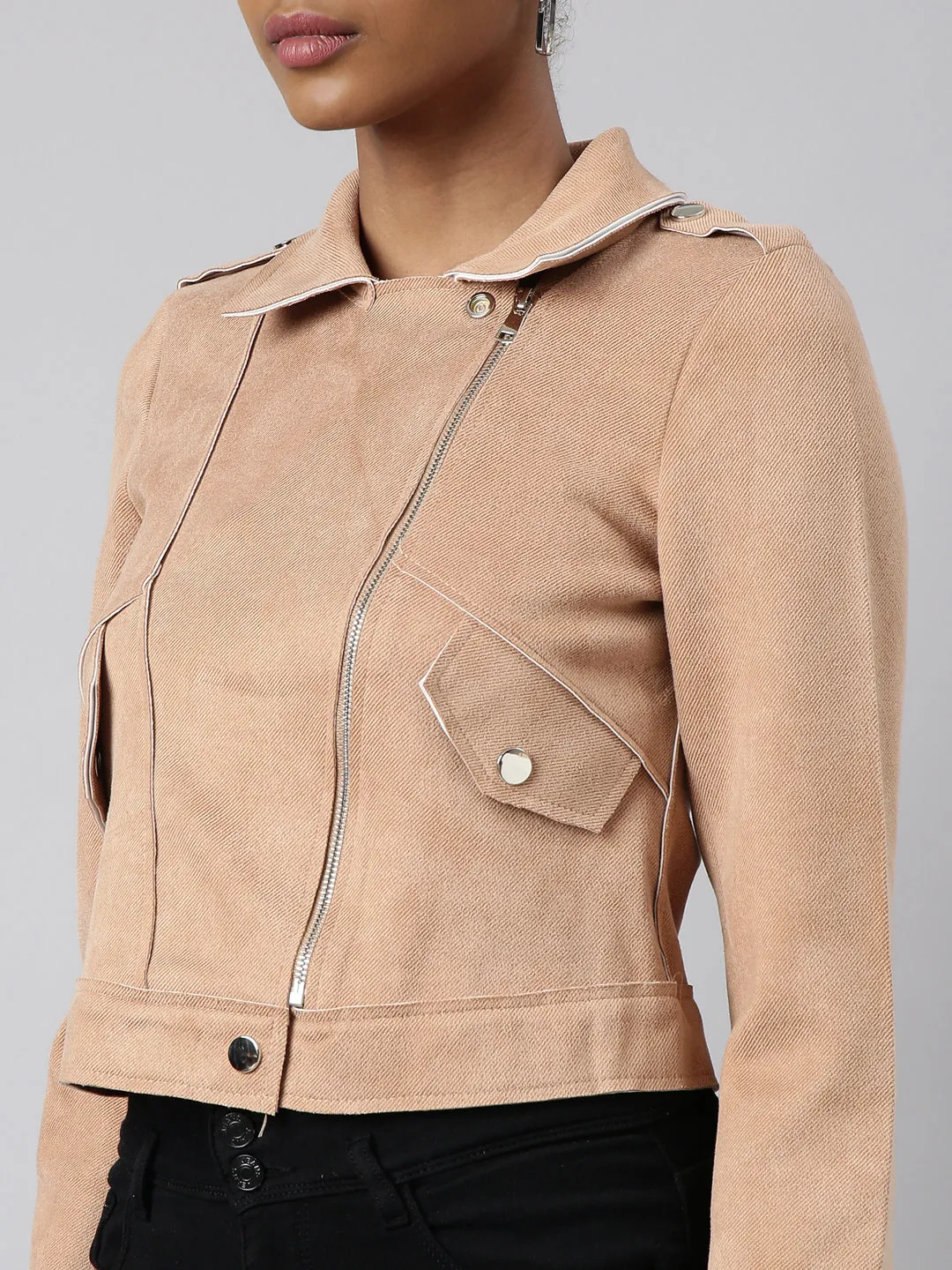 Women Solid Beige Biker Jacket