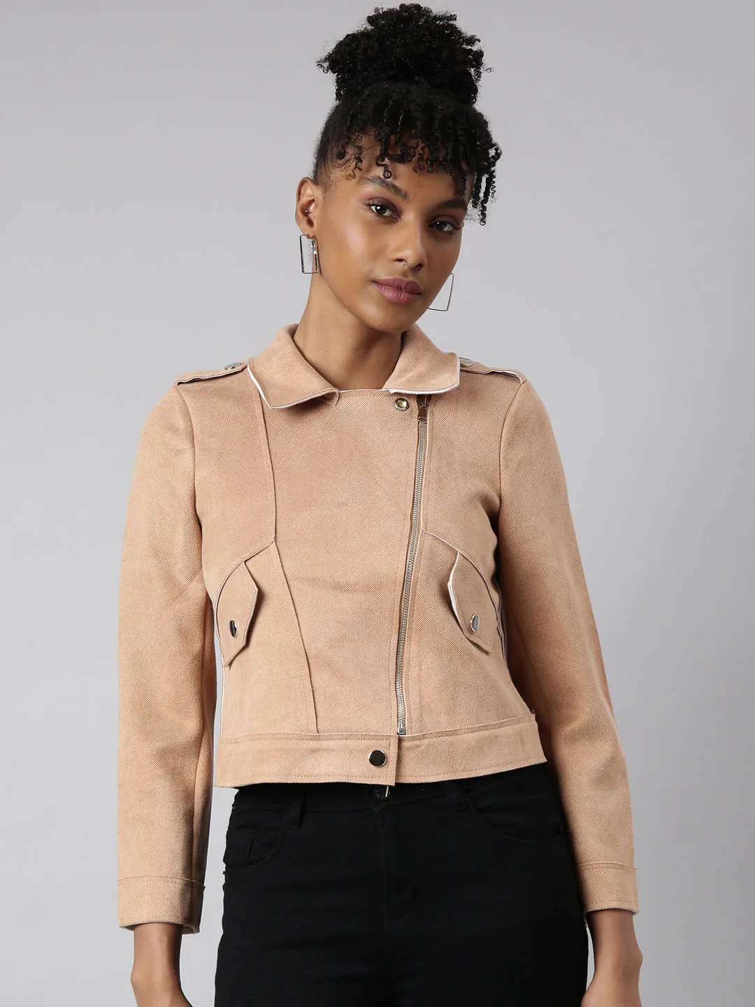 Women Solid Beige Biker Jacket