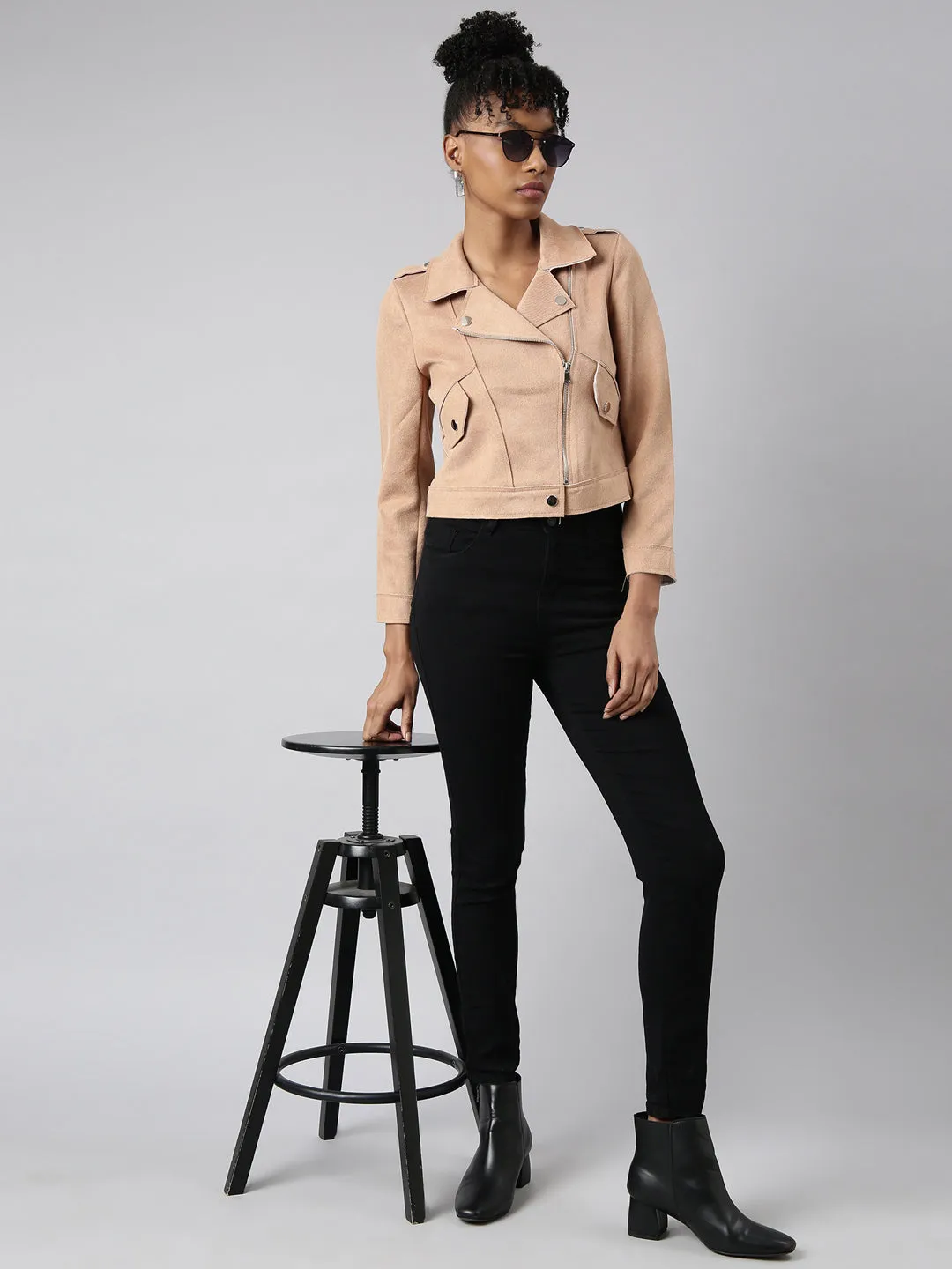 Women Solid Beige Biker Jacket