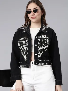 Women Solid Black Crop Drop Shoulder Denim Jacket