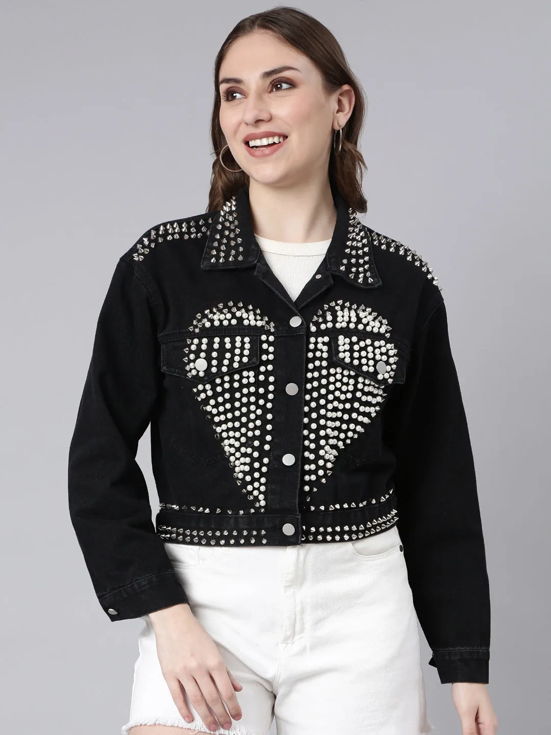 Women Solid Black Crop Drop Shoulder Denim Jacket