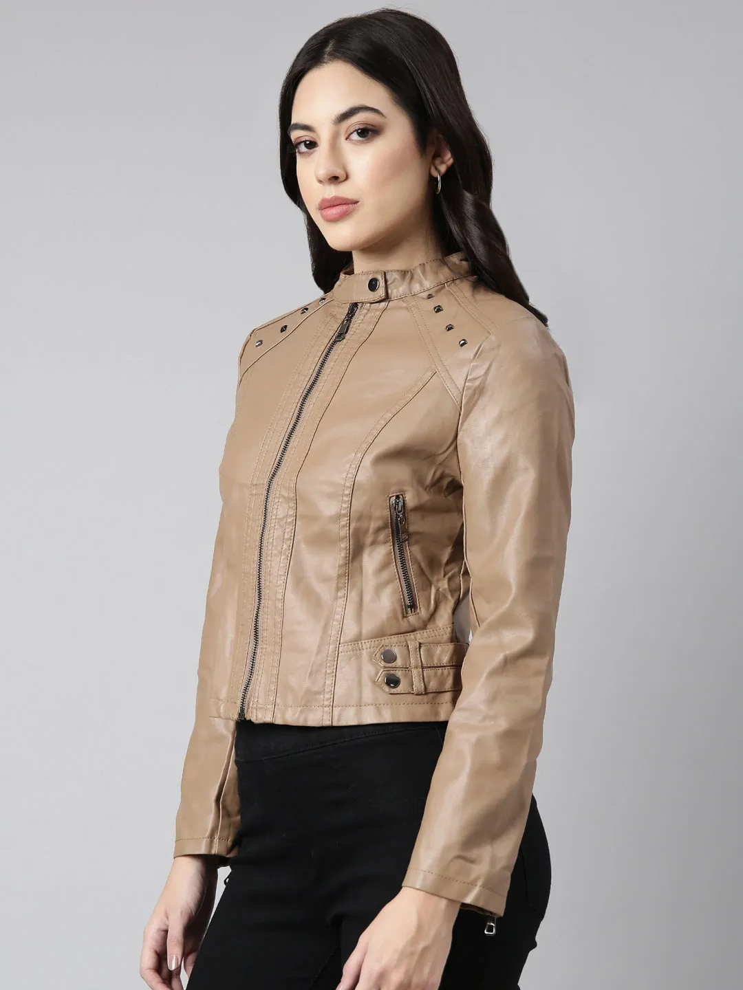 Women Solid Brown Biker Jacket